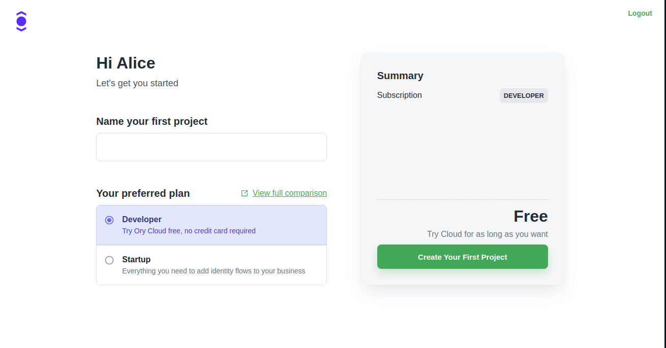 Ory Cloud Project creation screen